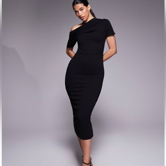 ASOS Black Pleated Shoulder Off Shoulder Midi Pencil Dress | 10 - Picture 1 of 9
